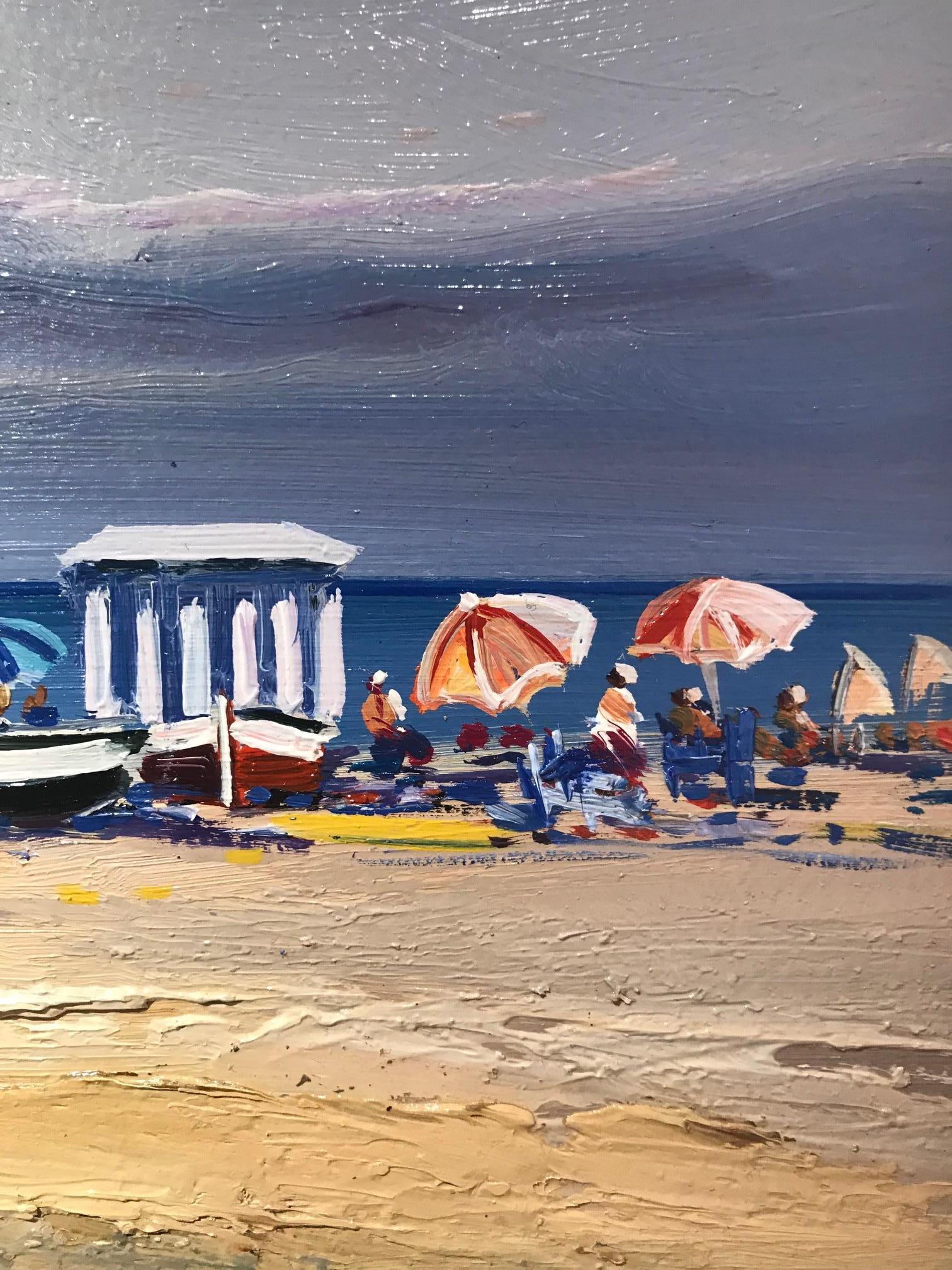 Contemporary Vivid Blue Seascape & Beach Scene 'Beach Day', blues, pinks, yellow - Gray Landscape Painting by E. Martinez