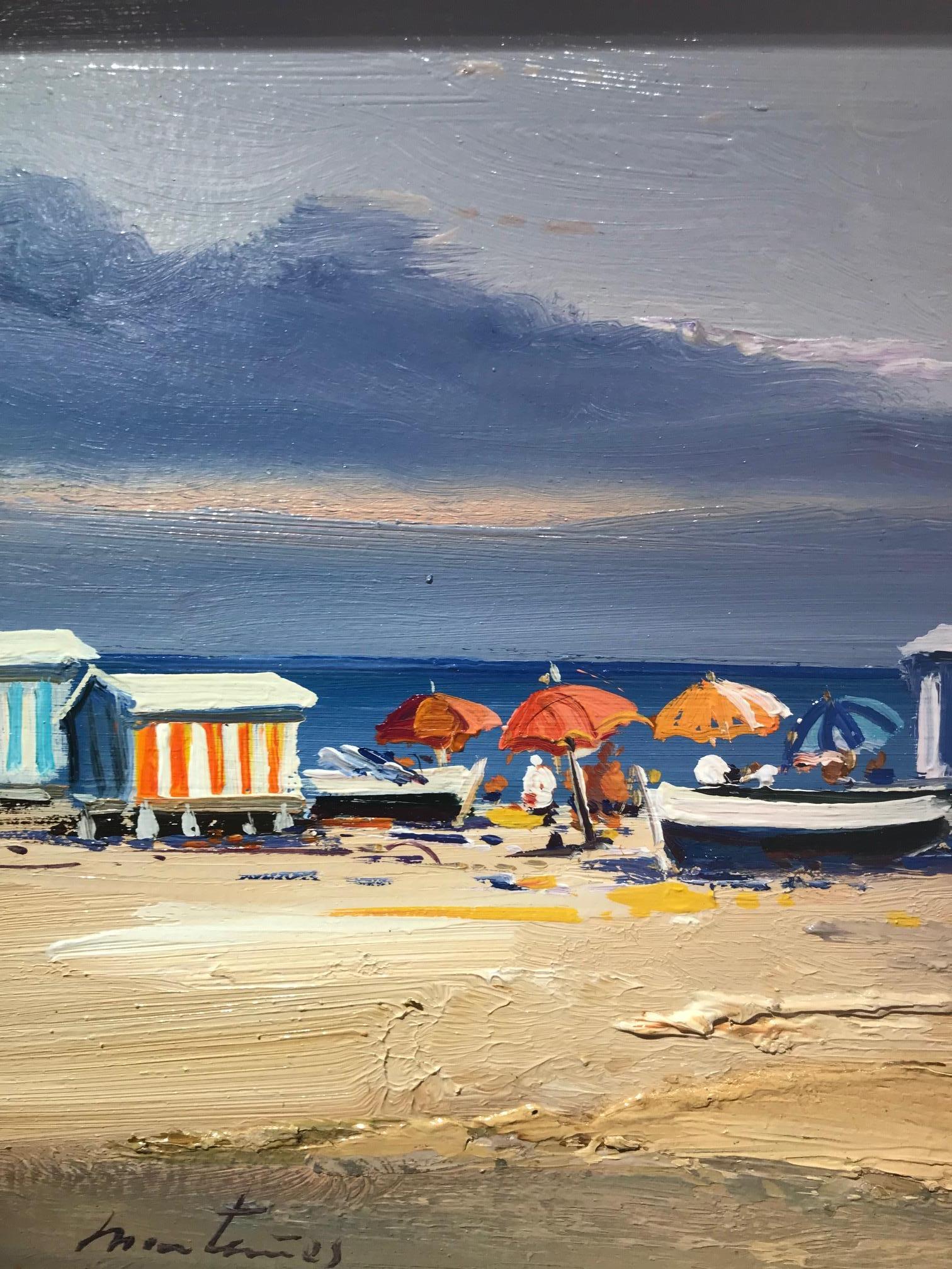 A warm and beautiful contemporary beach scene 'Beach Day' by E. Martinez. This stunning seascape has a soft and natural colour palette, pale blues and earthy cool tones are subtle and mellow. Interesting textures create a warm and balanced