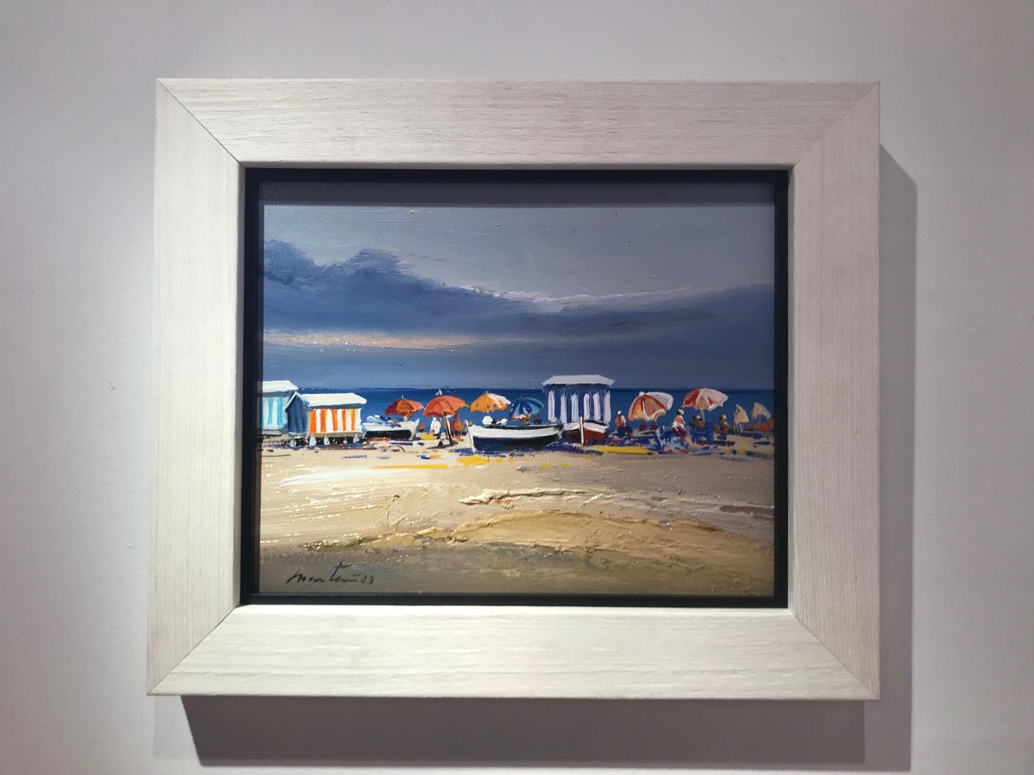Landscape Painting de E. Martinez - Paisaje marino contemporáneo azul intenso y escena playera "Día de playa", azules, rosas, amarillos