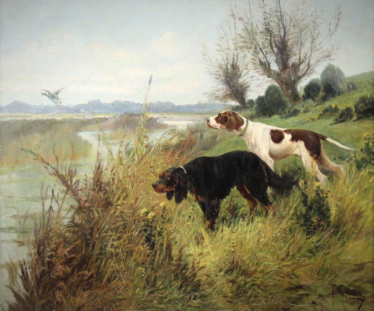 Perros de caza Pointers Pintura al óleo francesa sobre lienzo 19T por F.E. Martínez - Painting de E. Martinez