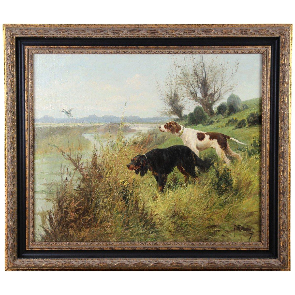 Hunting Dogs Pointers French oil painting on canvas 19Th by F.E. Martinez
