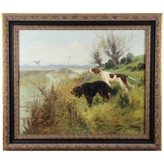 Antique Hunting Dogs Pointers French oil painting on canvas 19Th by F.E. Martinez