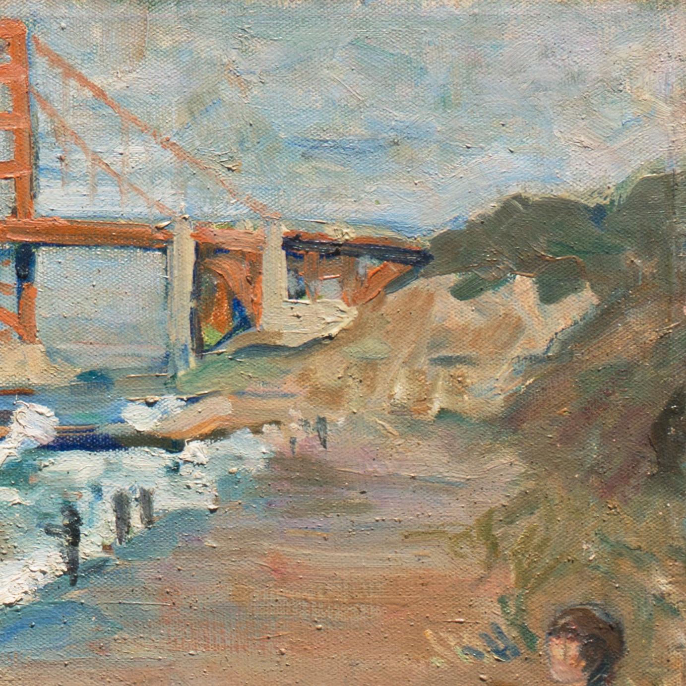 'El puente Golden Gate', Paisaje modernista al óleo de la Bahía de San Francisco, Hobo - Landscape Painting Marrón de E. McAg