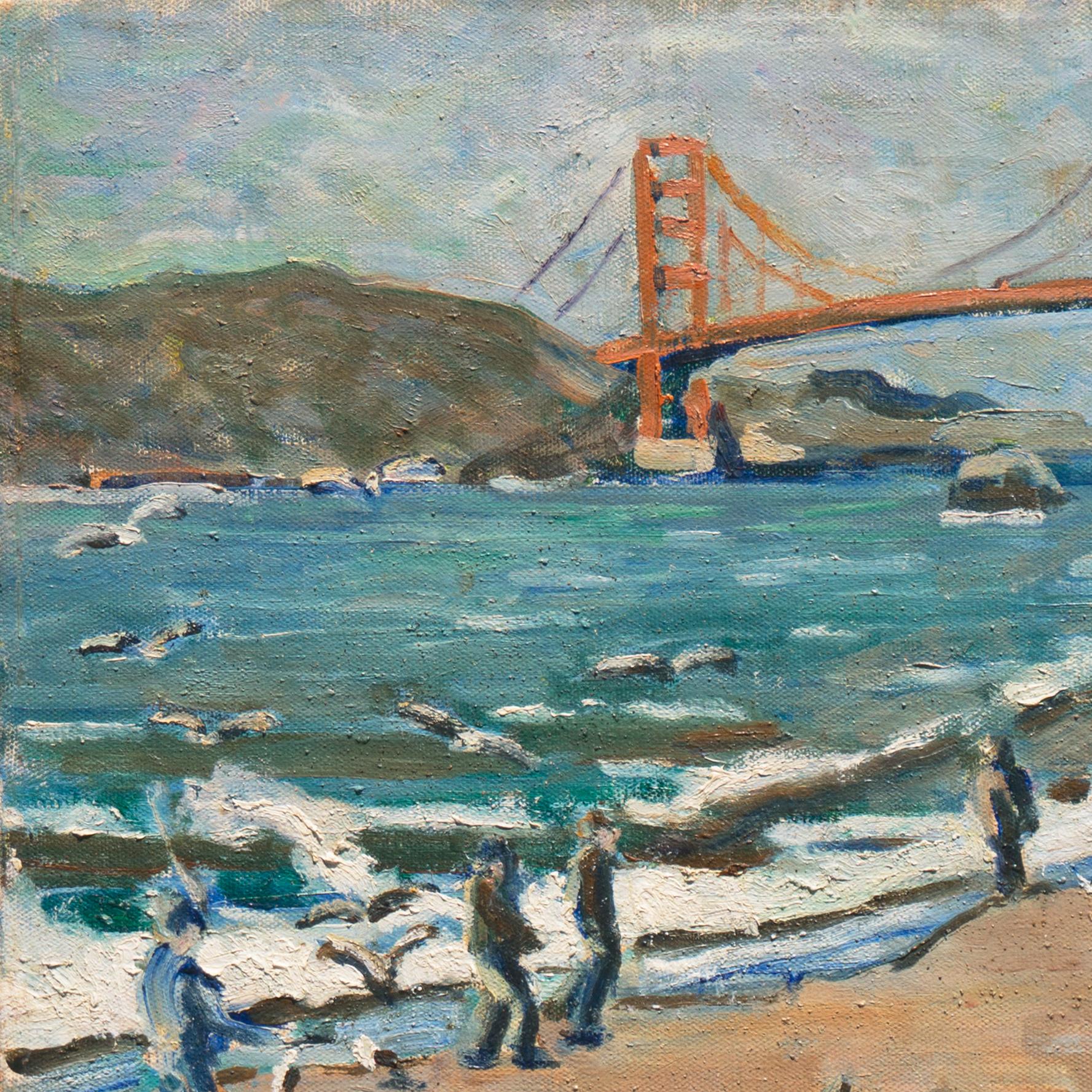 Firmado abajo a la derecha, 'E. McAg' (estadounidense, siglo XX) y pintado hacia 1940.

Óleo de época que muestra el recién construido puente Golden Gate de California, situado a horcajadas sobre la bahía de San Francisco, con numerosas figuras de