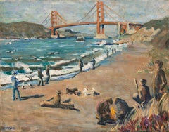 Vintage 'The Golden Gate Bridge', San Francisco Bay Area Modernist oil Landscape, Hobo