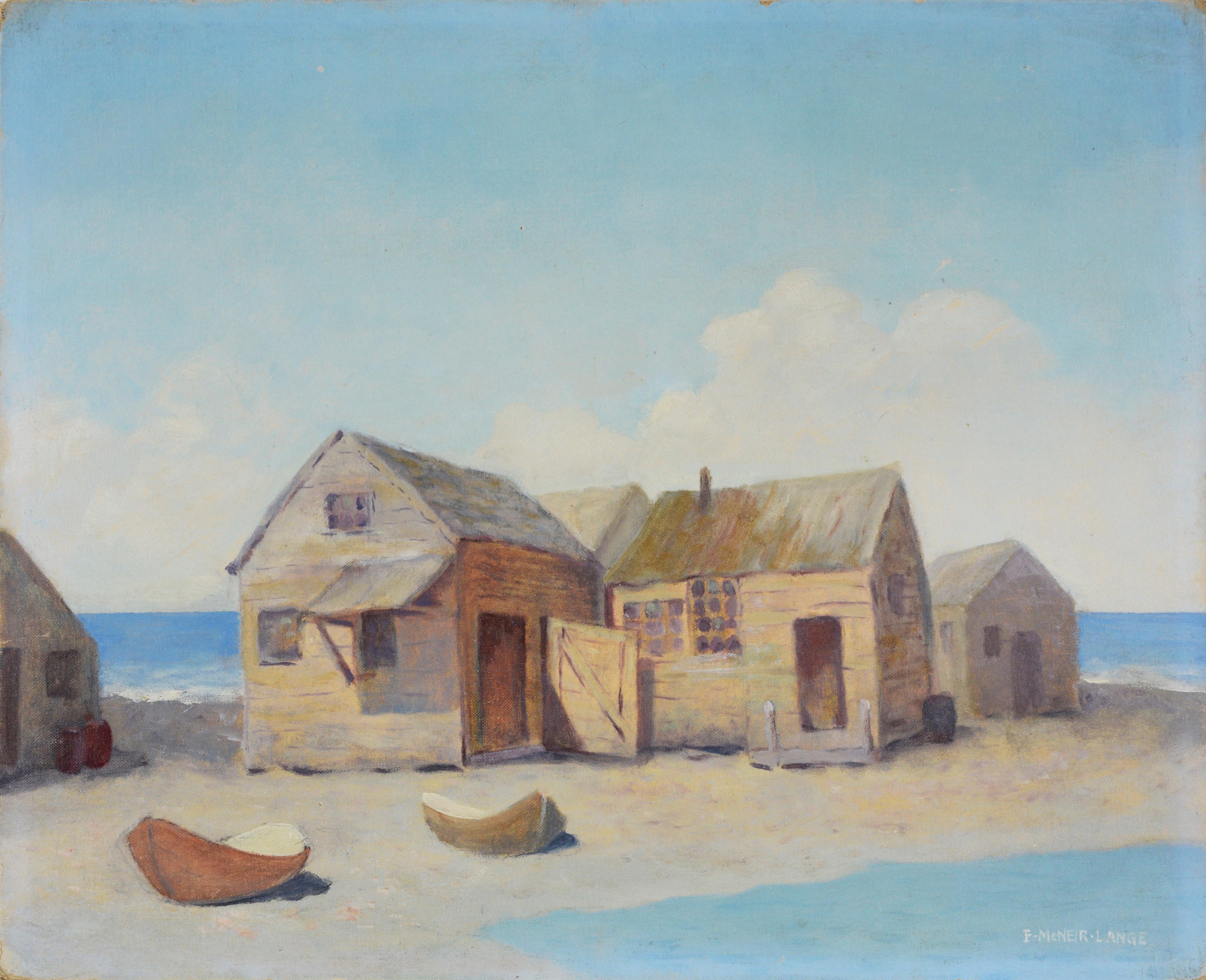 The Outer Banks North Carolina - Fishing Boats Oil on Canvas 1930s - Painting by E. McNeir Lang