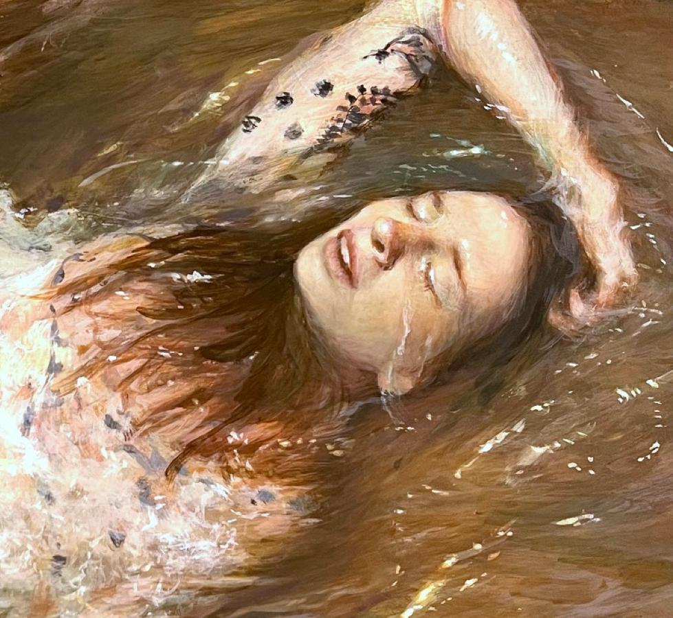 As the Days Wash   Over Me  Egg Tempera  12 x 24   Portraiture Finalist   PSA - American Impressionist Painting by E. Melinda Morrison