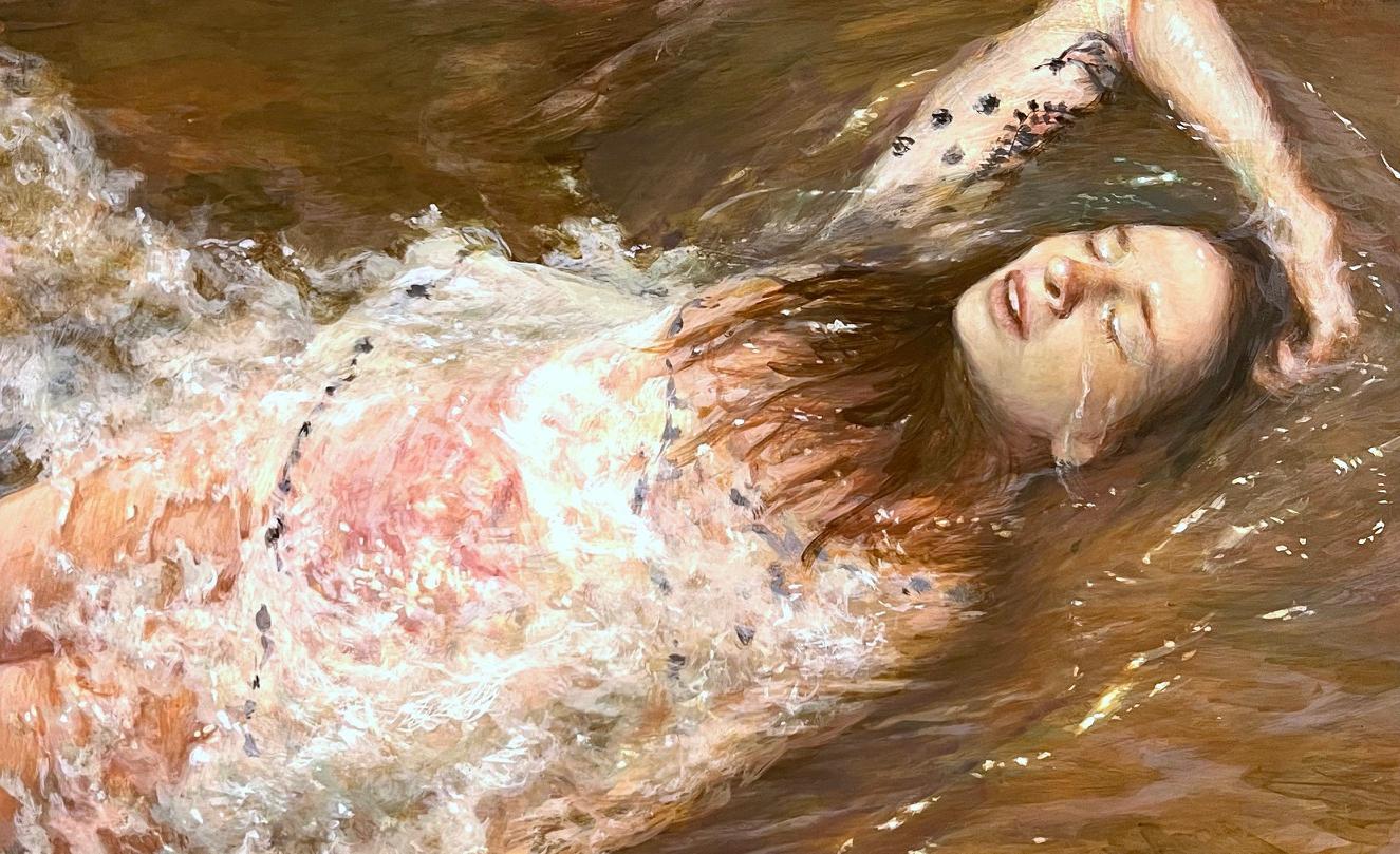 As the Days Wash   Over Me  Egg Tempera  12 x 24   Portraiture Finalist   PSA - Brown Landscape Painting by E. Melinda Morrison