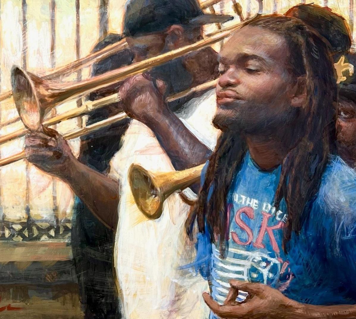 New Orleans Jazz II  Egg  Tempera  9 x 12  Portraiture Finalist   PSA Jazz Music - Gray Figurative Painting by E. Melinda Morrison