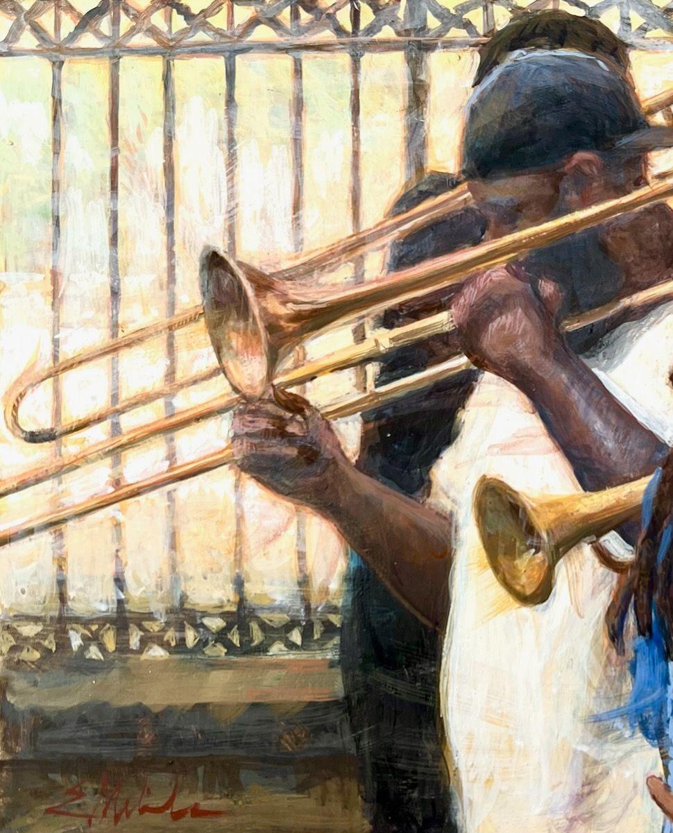While walking in Jackson Square in New Orleans, you can't help but hear the trumpets and trombones of the Jackson Street band that spends their time entertaining the tourists and locals alike. Setting up on the square to paint, Melinda captured the