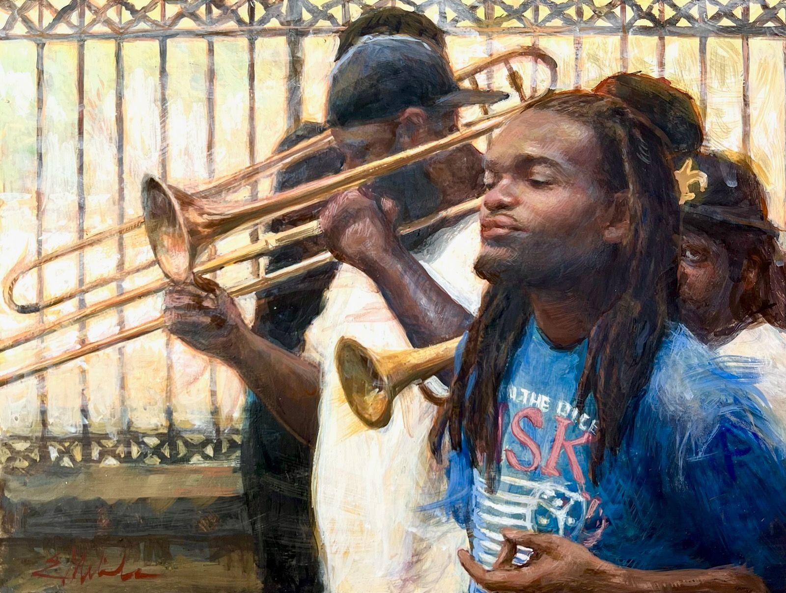 Sons de la Nouvelle-Orléans  Œuf  Tempera  9 x 12  Finaliste en portrait   Musique de jazz PSA - Painting de E. Melinda Morrison