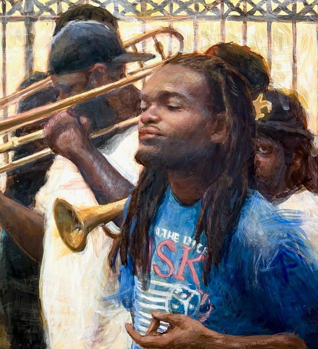 Sons de la Nouvelle-Orléans  Œuf  Tempera  9 x 12  Finaliste en portrait   Musique de jazz PSA - Impressionnisme américain Painting par E. Melinda Morrison