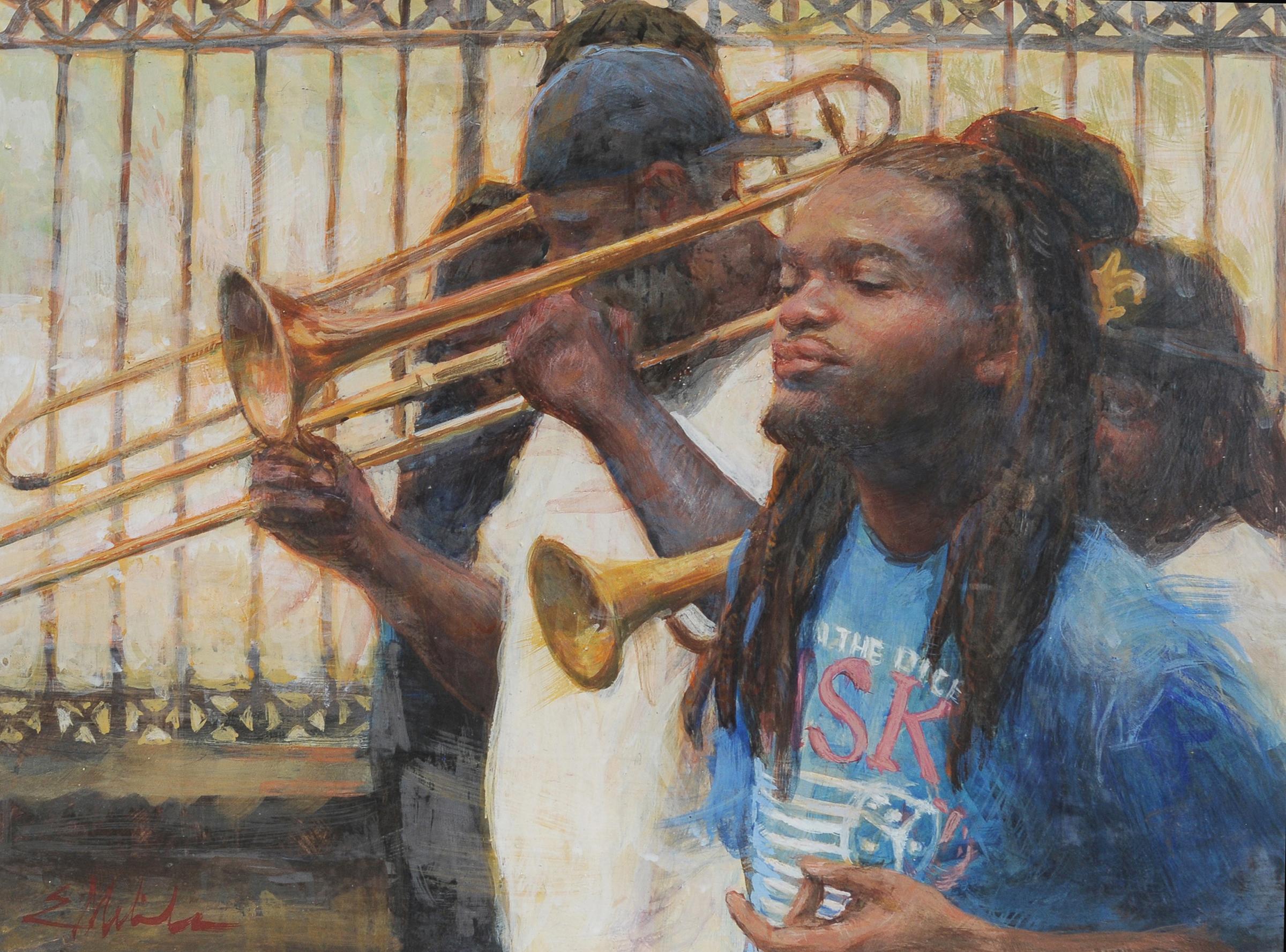 E. Melinda Morrison Figurative Painting - New Orleans Sounds  Egg  Tempera  9 x 12  Portraiture Finalist   PSA Jazz Music