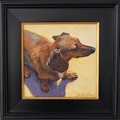 "Perro cohete" (Dachshund) 10 x 10, gouache sobre Aquabord Cera Renacentista