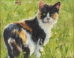 Versuchung (Katze)  10" x 10" Gouache auf Aquarellfarben, versiegelt mit Renaissance-Wachs