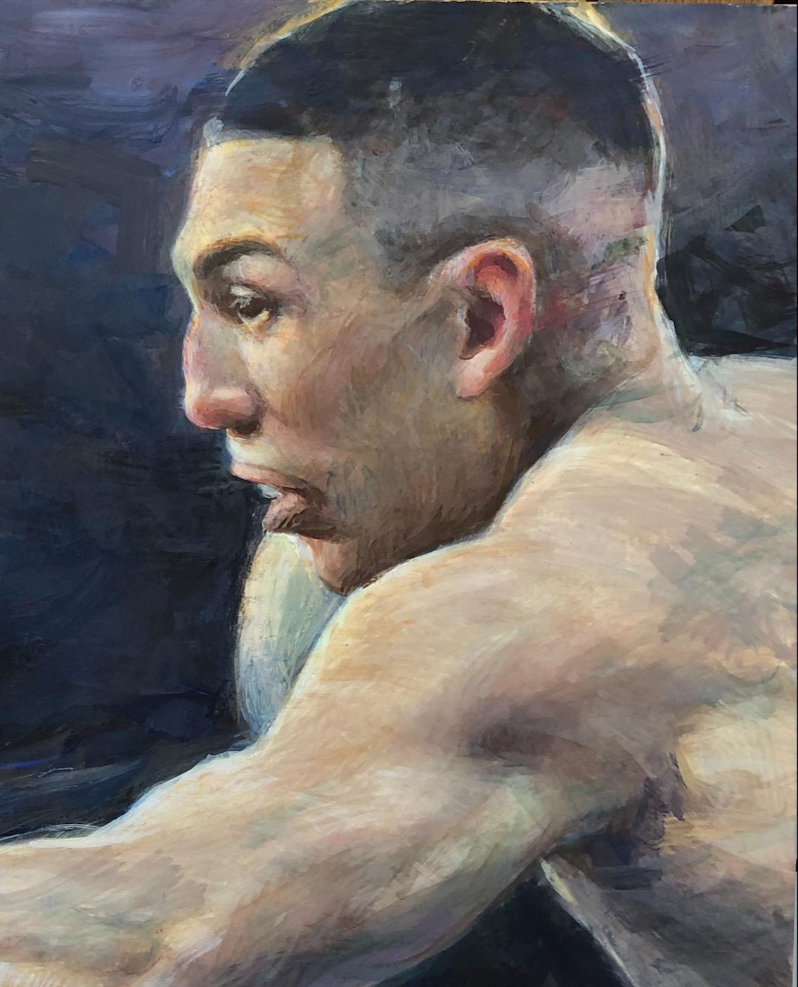 Teófimo López , El Campeón, temple al huevo, Campeón del Mundo, Finalista PSA - Figurative Painting Negro de E. Melinda Morrison