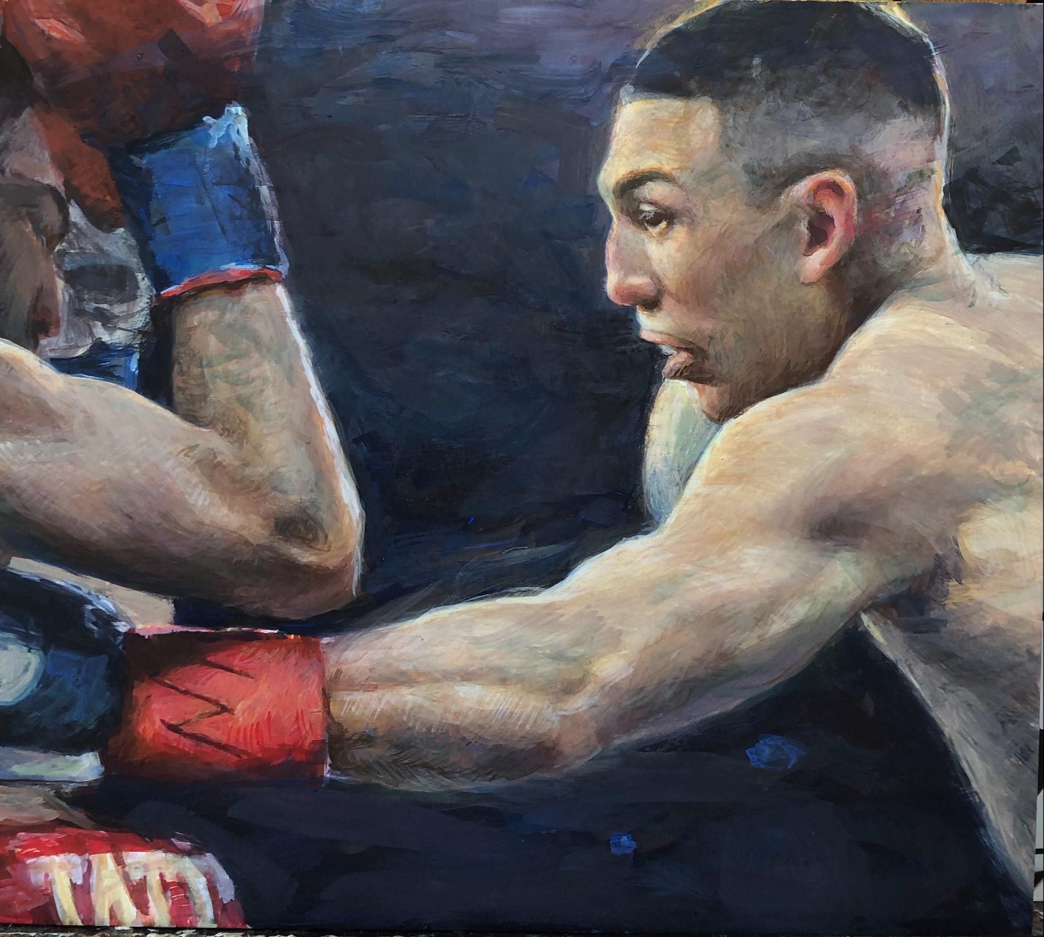 Figurative Painting de E. Melinda Morrison - Teófimo López , El Campeón, temple al huevo, Campeón del Mundo, Finalista PSA