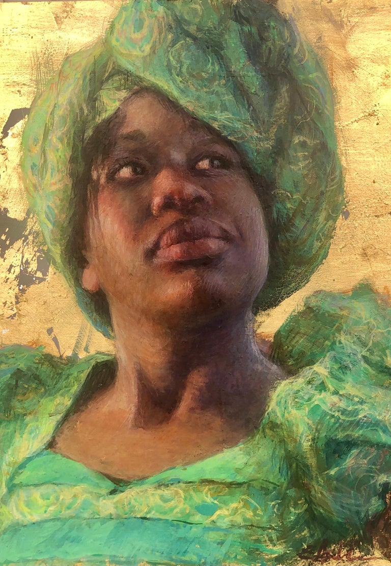 Young Dreams, Egg Tempera 18 x18, Portrait, Roya, Zimbabwe, Finalist PSA - Brown Portrait Painting by E. Melinda Morrison