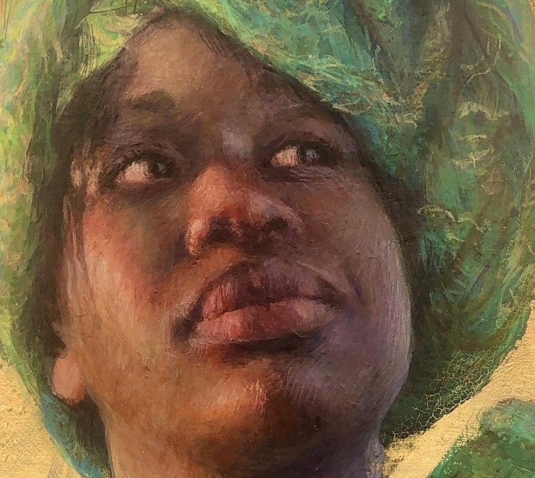 Young Dreams 18 x 18, egg tempera on gold leaf panel is by E. Melinda Morrison a who lives in Fort Worth Texas. This painting was done of a young African woman who was visiting the United States from Zimbabwe and is wearing her native dress of her