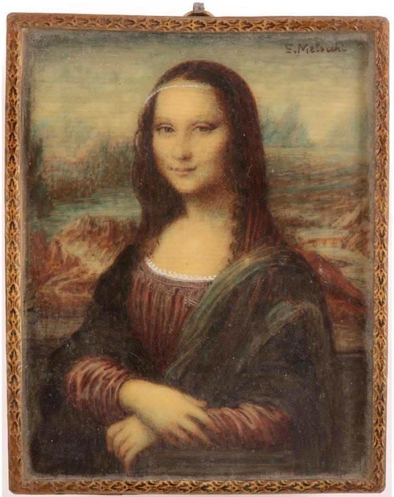 The Mona Lisa, Fine Florentine Miniature Portrait after Leonardo da Vinci's work - Art by E. Melocchi