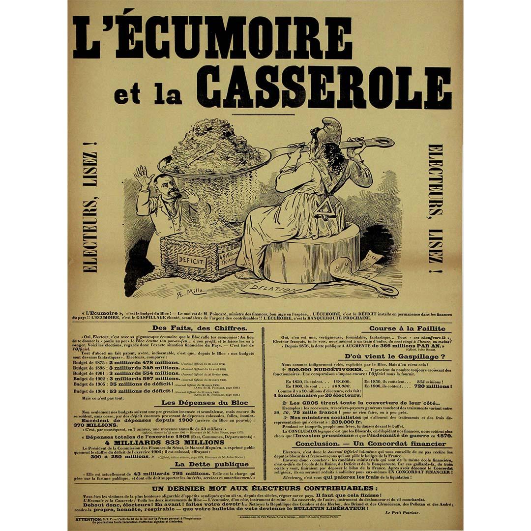 This circa 1908 political poster, illustrated by E. Millo, titled "L’Écumoire et la Casserole", is a powerful example of French political satire in the early 20th century. Published by Le Petit Patriote, the poster uses bold typography, caricature,