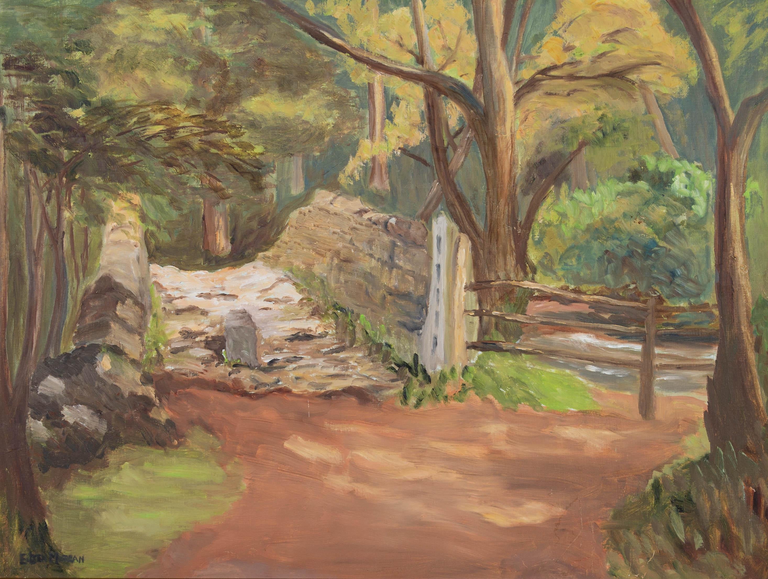 E. Morgan - Olio del XX secolo, Veduta di un bosco con ponte in vendita 2