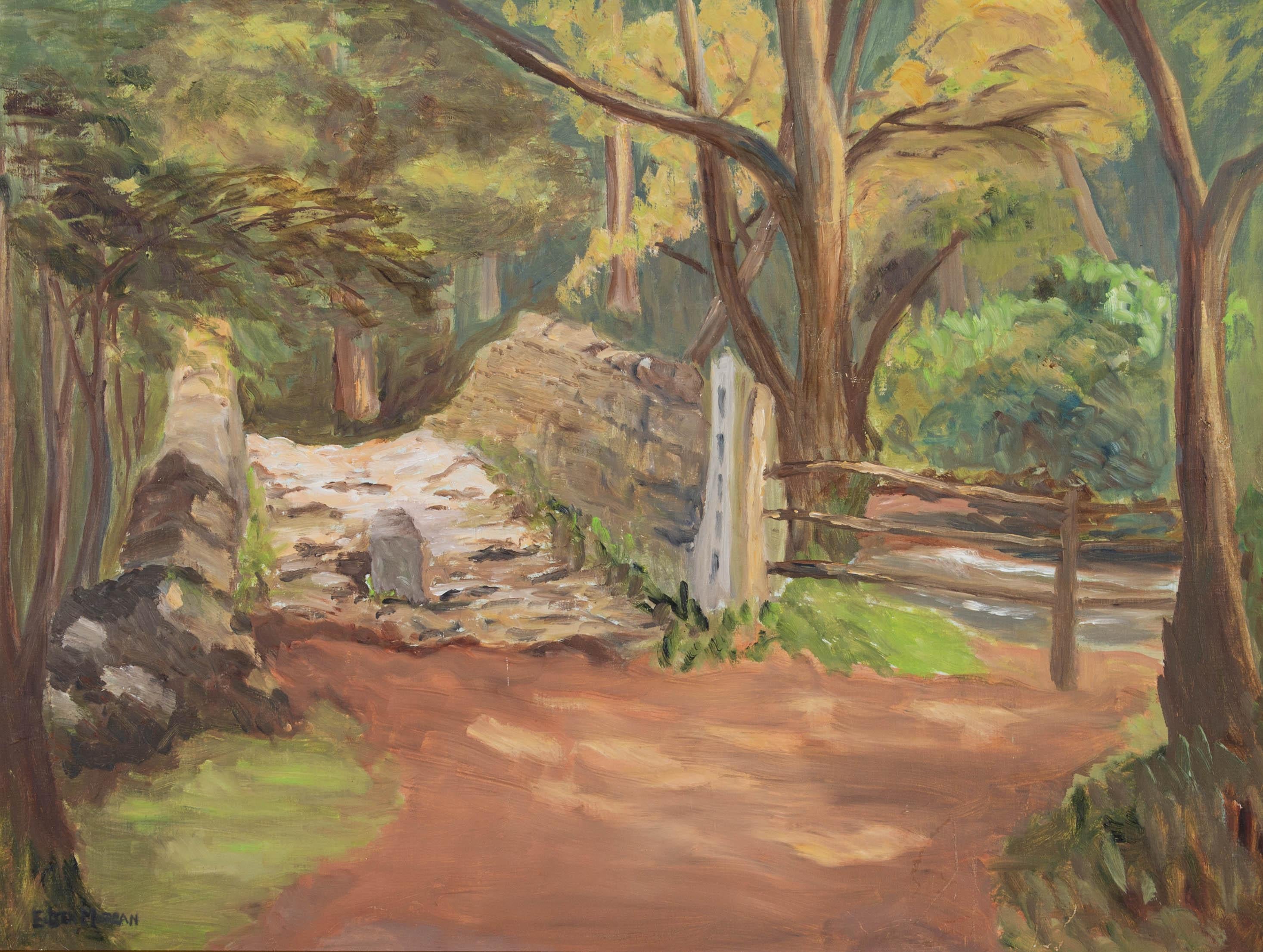 E. Morgan - 20th Century Oil, Woodland View with Bridge For Sale 2