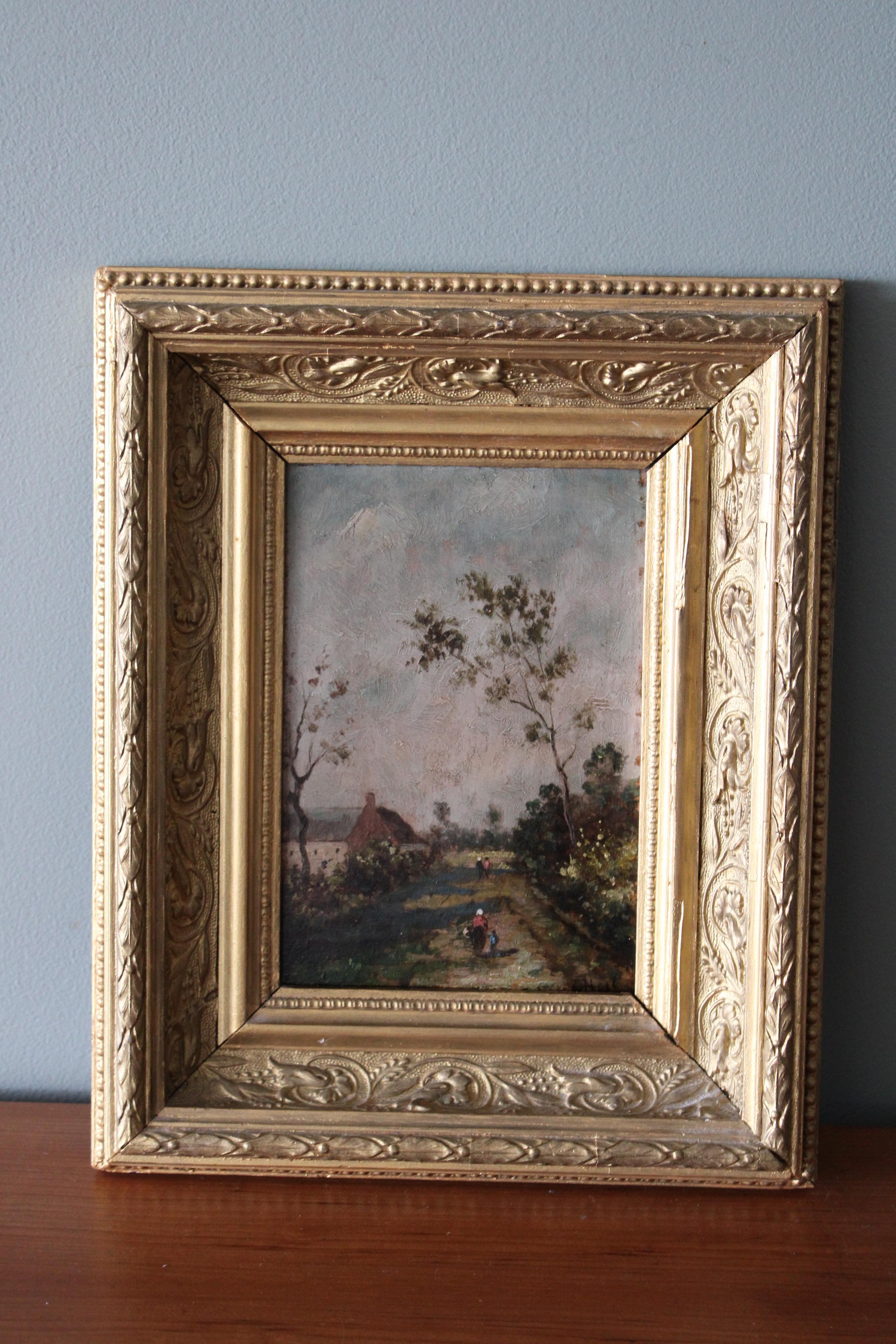 Antique French School Barbizon impressionist landscape oil painting on thick wood board of walkers along a pretty country route.  A charming small format painting of a classic country scene.  Delicate but informative brush strokes on a smooth board.