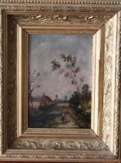 19th Century Antique French Landscape Oil Painting on Wood, French Barbizon