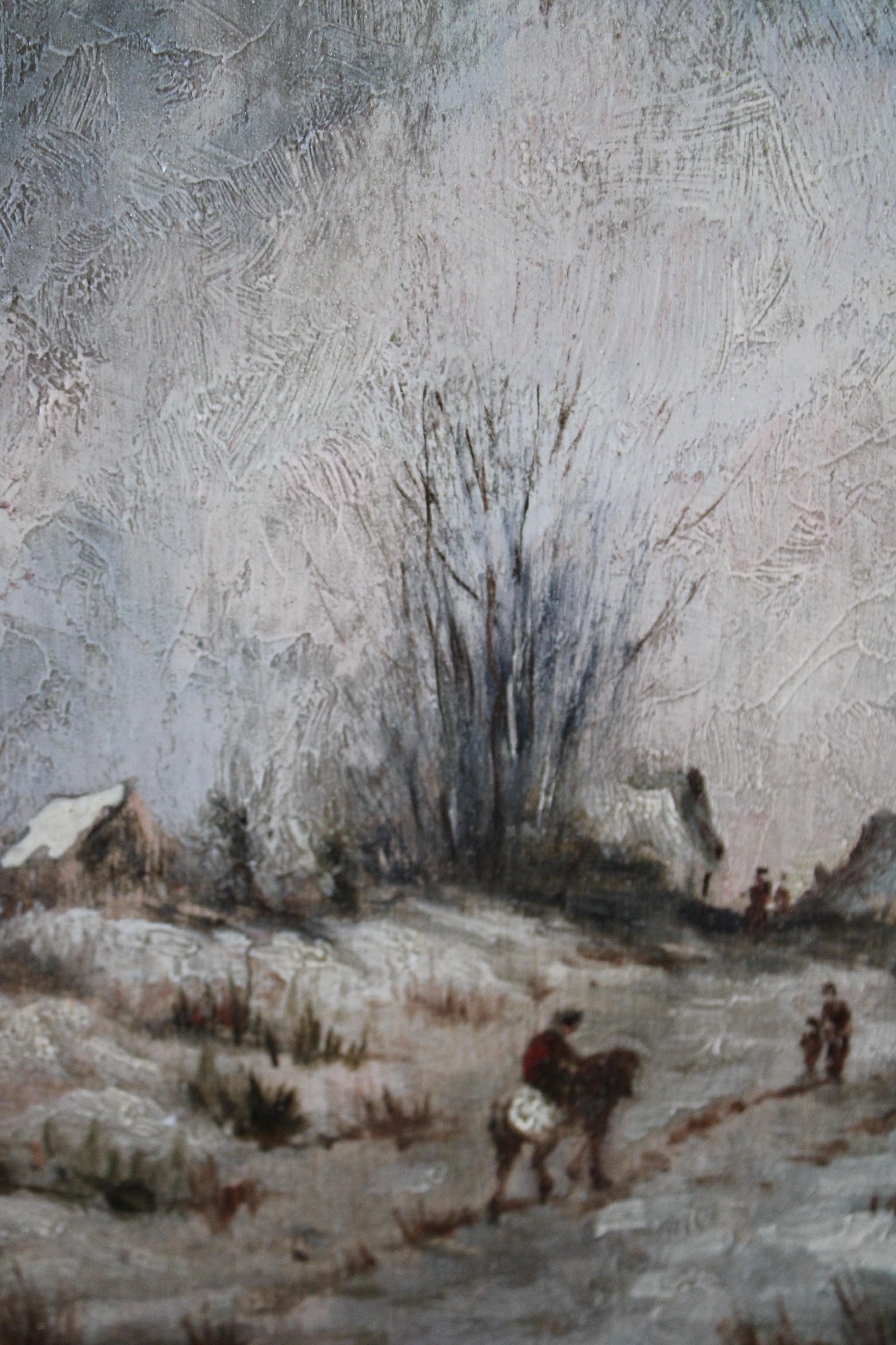 Antique French Paisaje invernal Pintura al óleo sobre madera, Paisaje nevado - Painting Escuela de Barbizon de E Noel