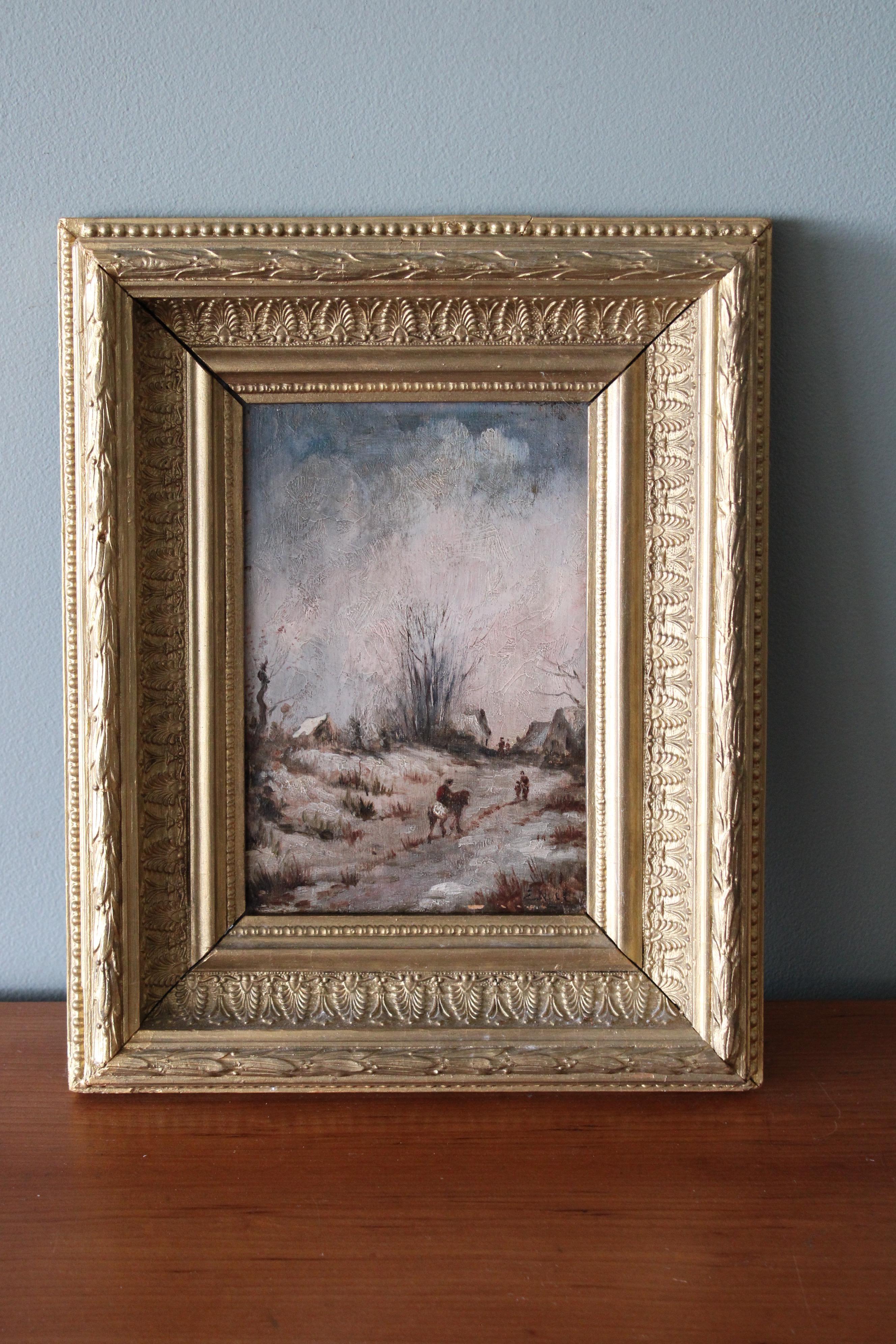 Antique French Paisaje invernal Pintura al óleo sobre madera, Paisaje nevado - Painting de E Noel