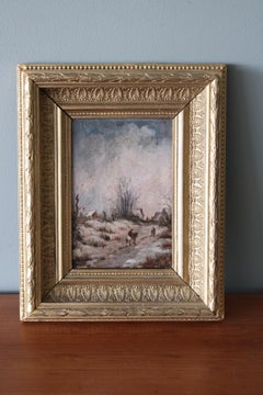 Antique French Winter Landscape Oil Painting on Wood, Snow Landscape