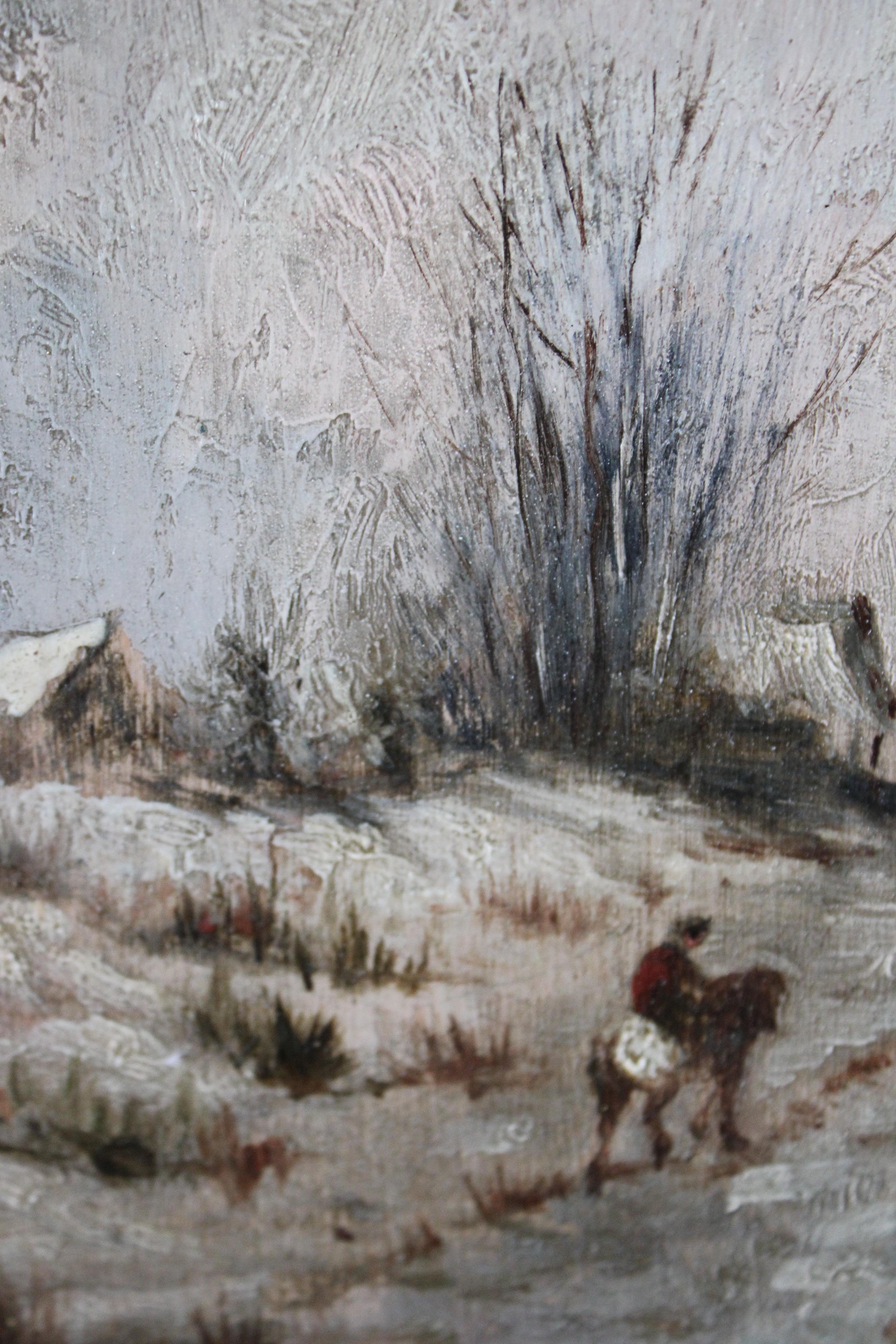 Antique French Paisaje invernal Pintura al óleo sobre madera, Paisaje nevado 1