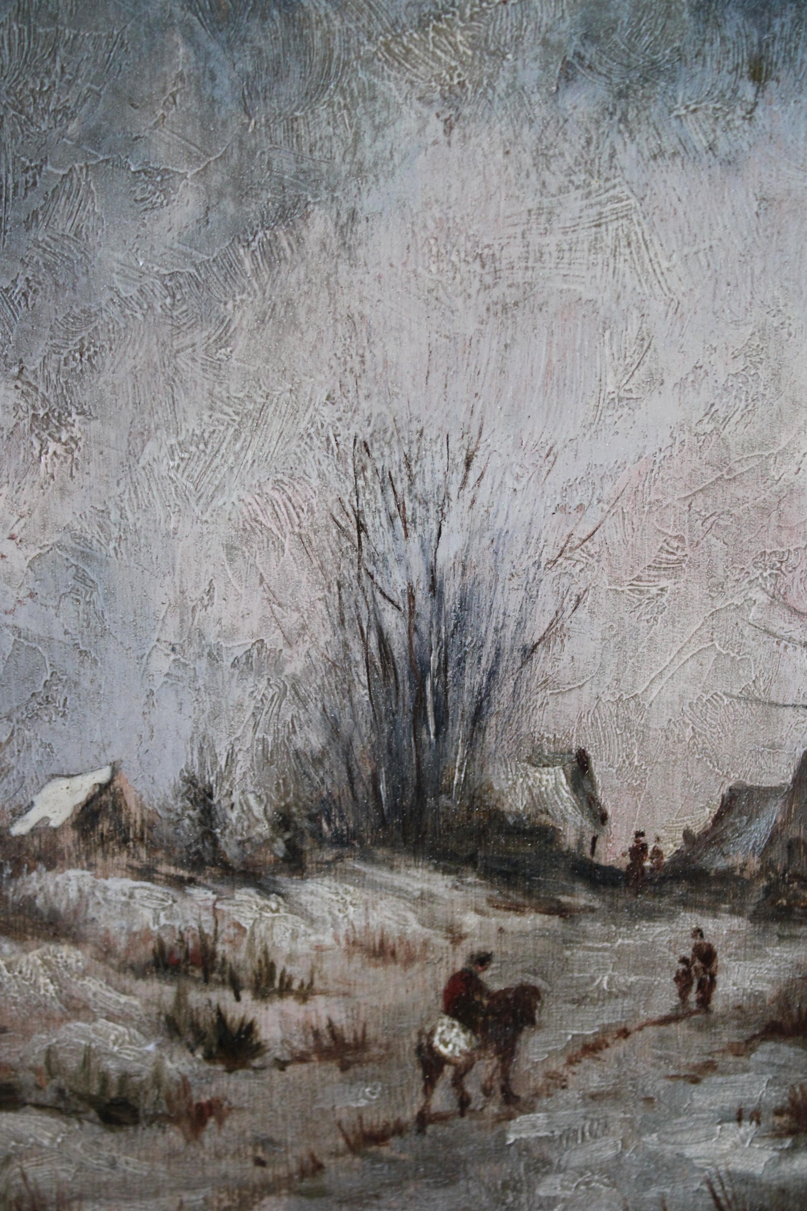Antique French Paisaje invernal Pintura al óleo sobre madera, Paisaje nevado 2