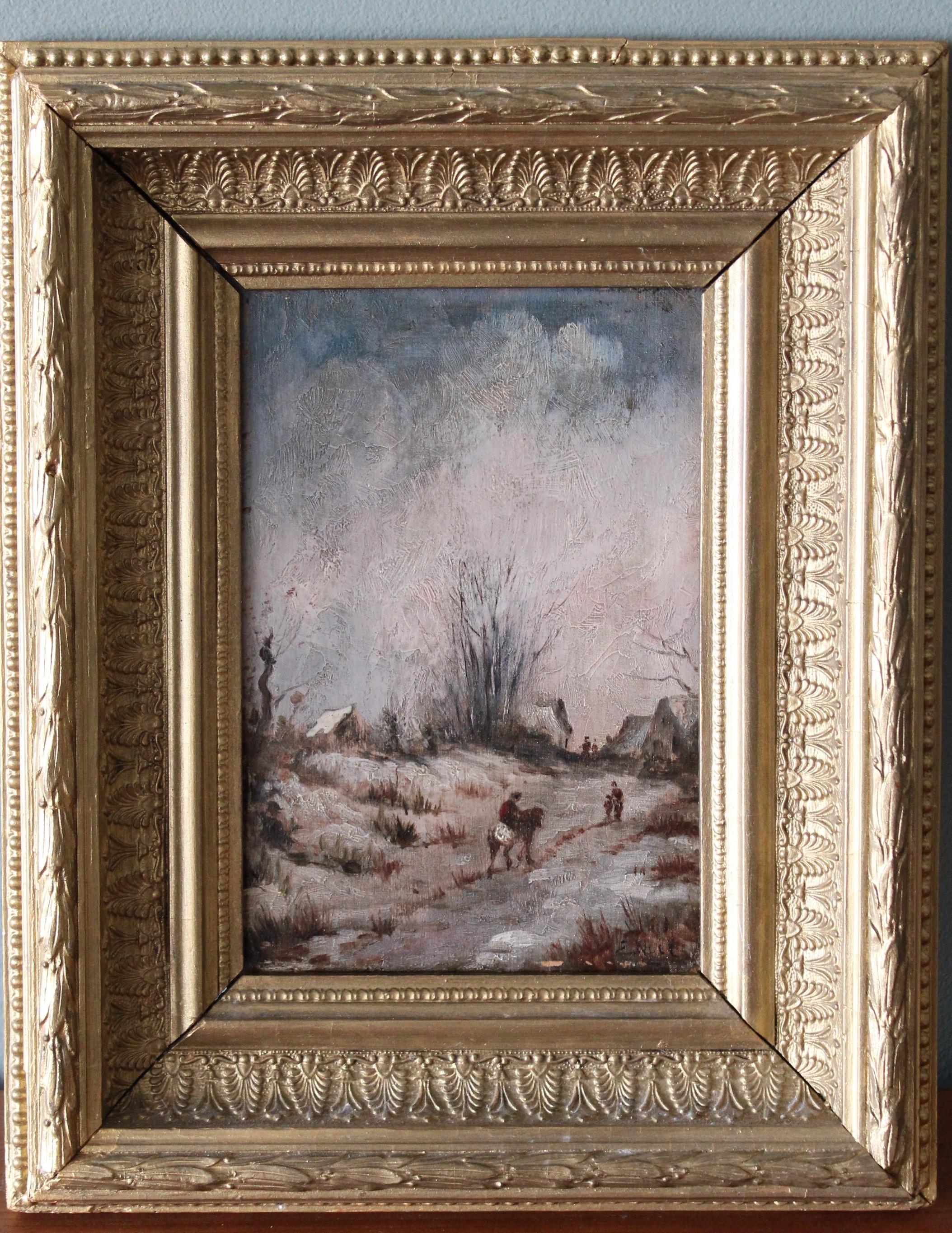 Figurative Painting de E Noel - Antique French Paisaje invernal Pintura al óleo sobre madera, Paisaje nevado