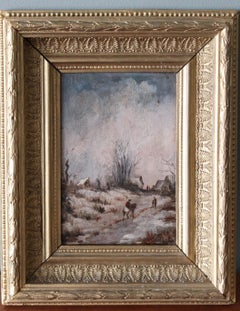 Antique French Paisaje invernal Pintura al óleo sobre madera, Paisaje nevado