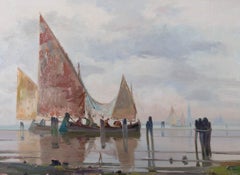 E. Noretti - Huile du XXe siècle, bateaux vénitiens