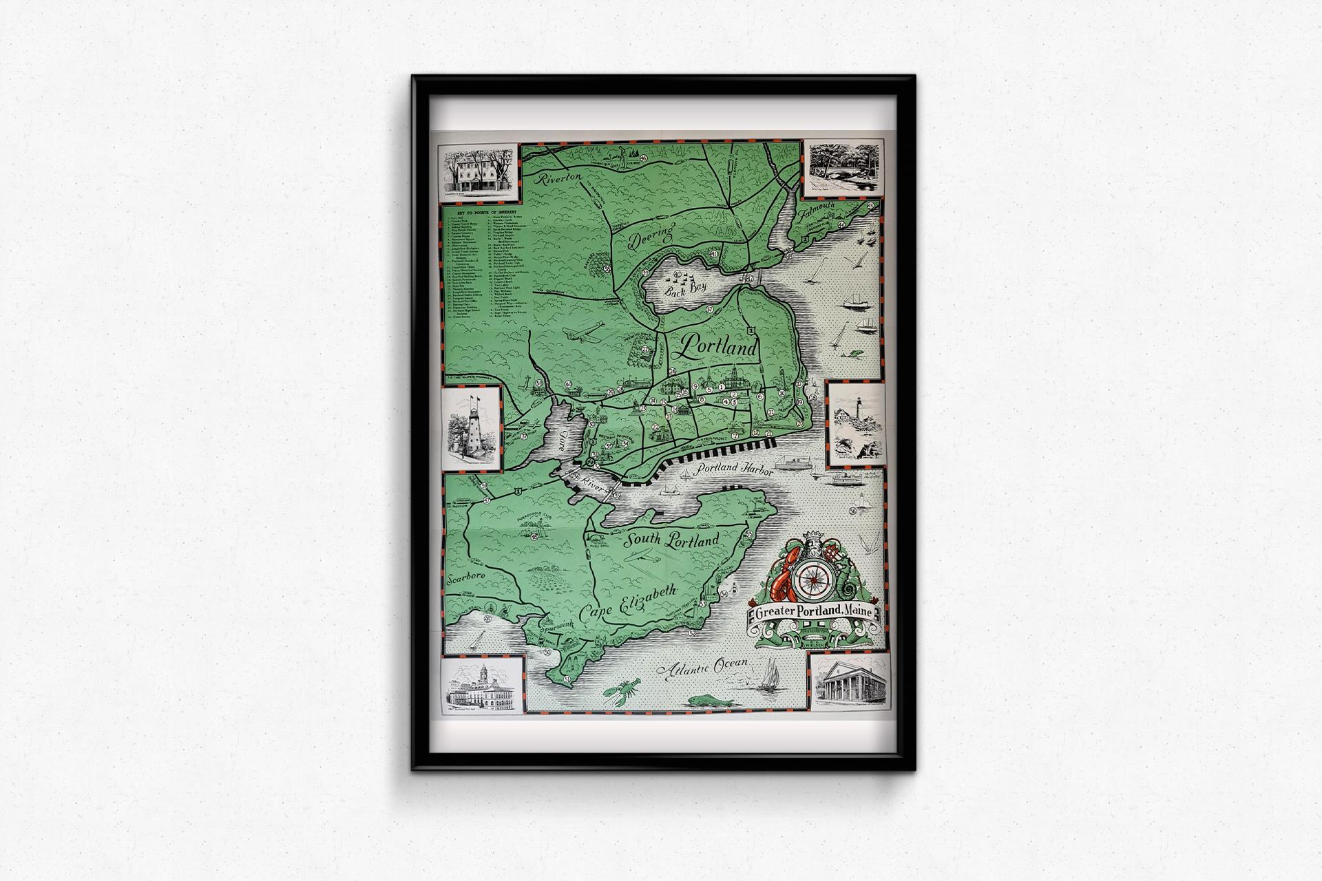 Original cartographic poster made in the 1950's that shows us all the monuments and different places of historical importance in the city of Portland.

Portland, also known as Portland, Maine (to avoid confusion with Portland, Oregon) is a city in