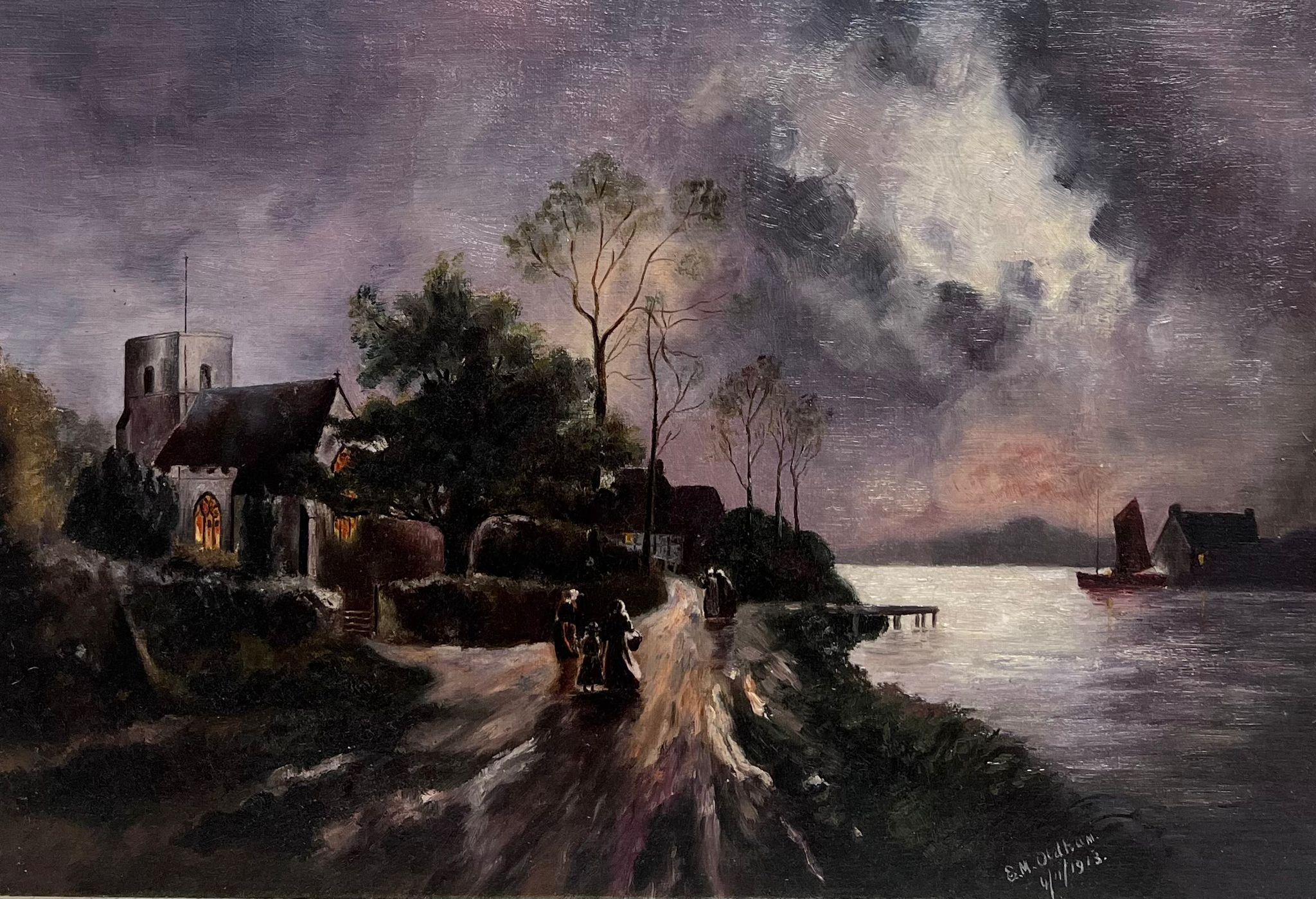 Antico dipinto a olio inglese Paesaggio notturno al chiaro di luna Estuario costiero - Painting di E. Oldham