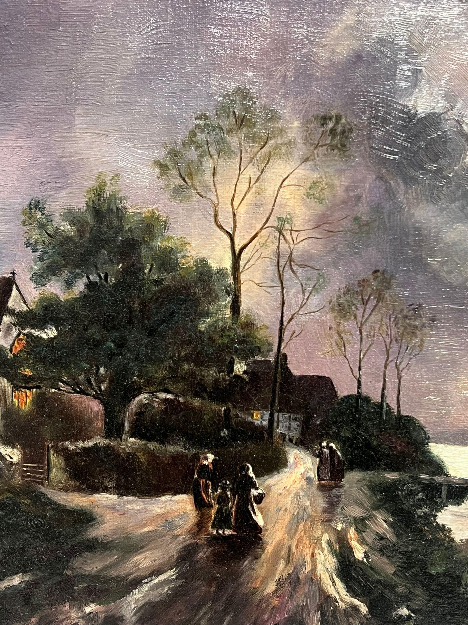 Antico dipinto a olio inglese Paesaggio notturno al chiaro di luna Estuario costiero - Painting Scuola inglese di E. Oldham
