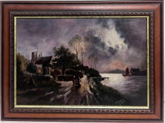 Antico dipinto a olio inglese Paesaggio notturno al chiaro di luna Estuario costiero