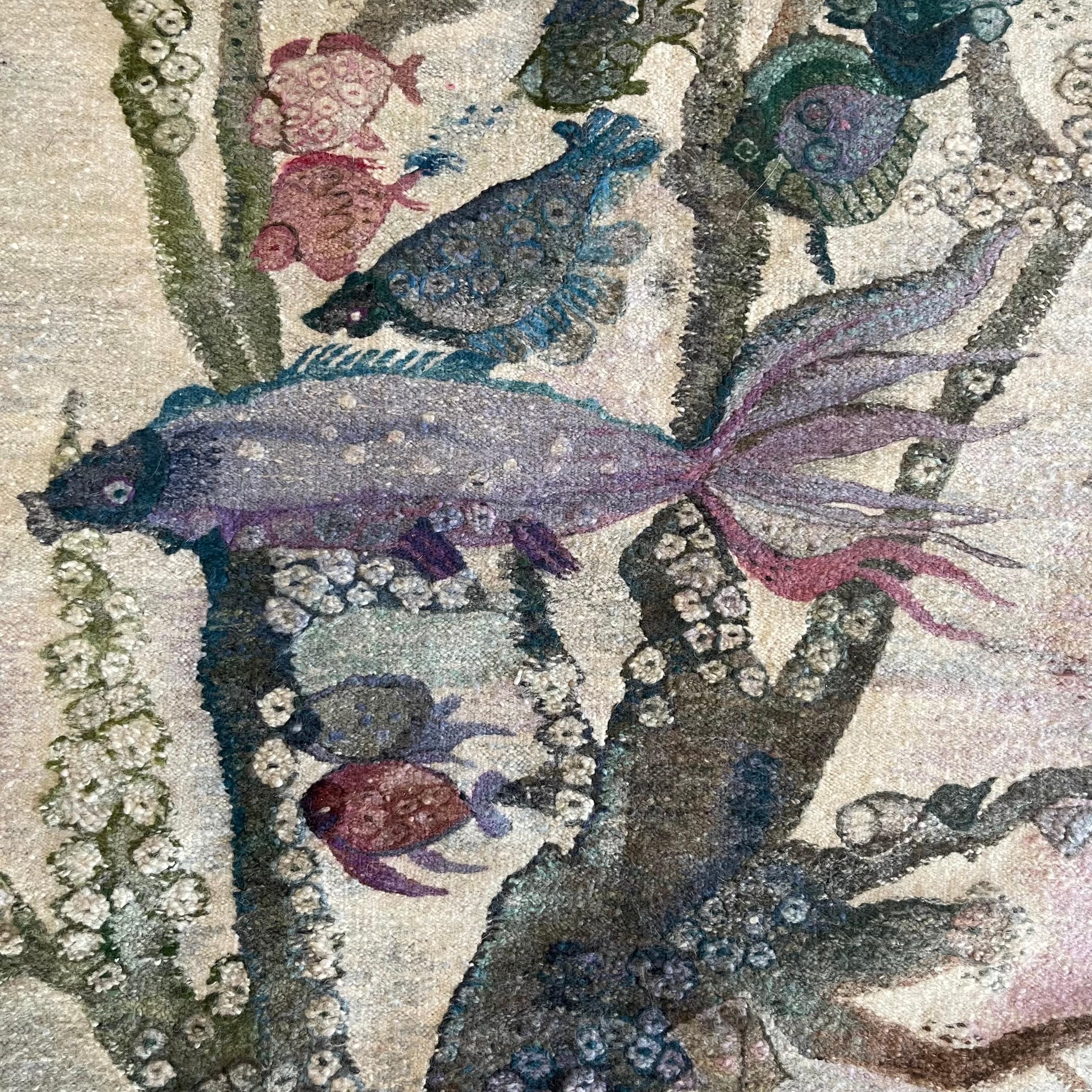 Polish E Olesky Tapestry Wall Hanging of Seaweed and Fish circa 1950 For Sale