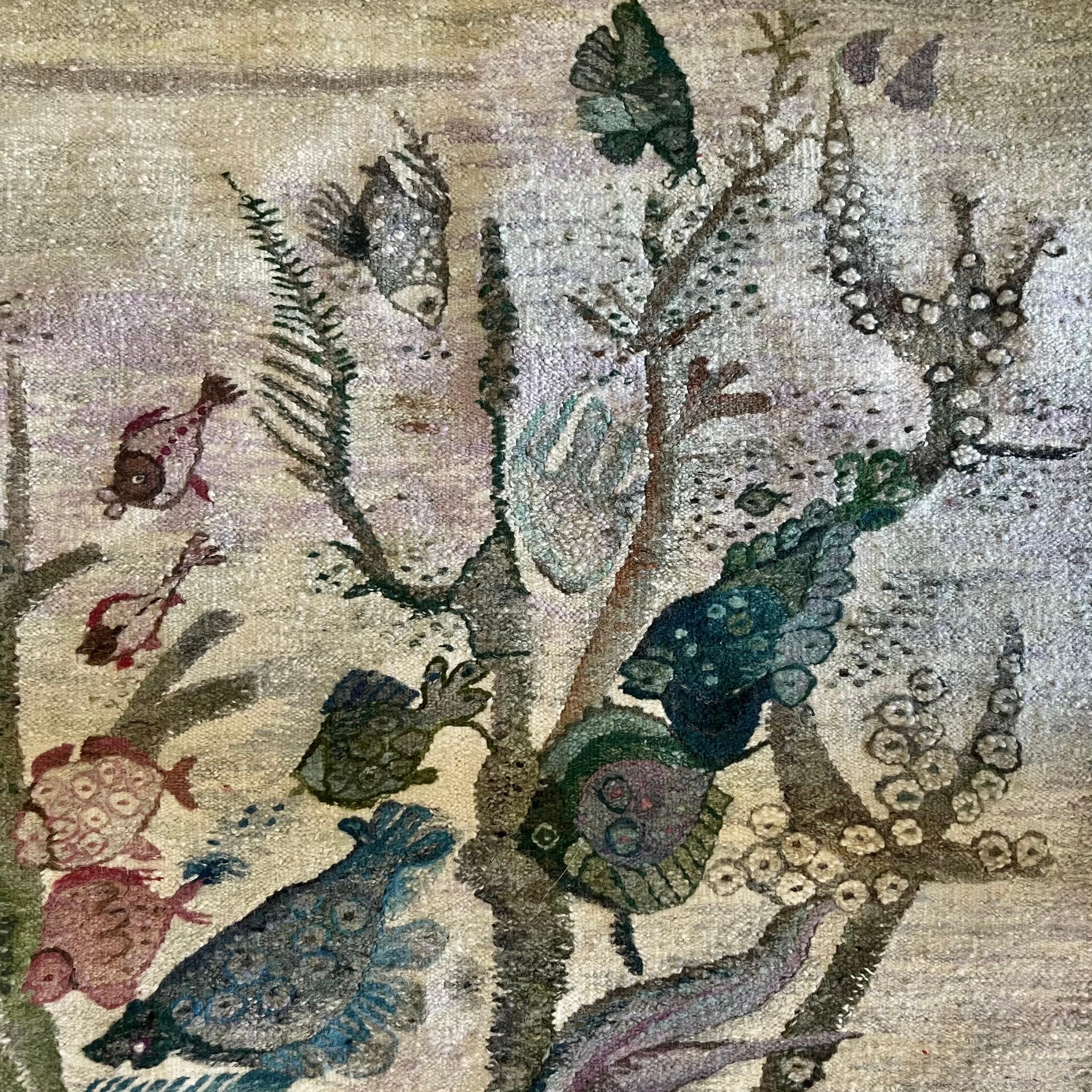 Hand-Knotted E Olesky Tapestry Wall Hanging of Seaweed and Fish circa 1950 For Sale