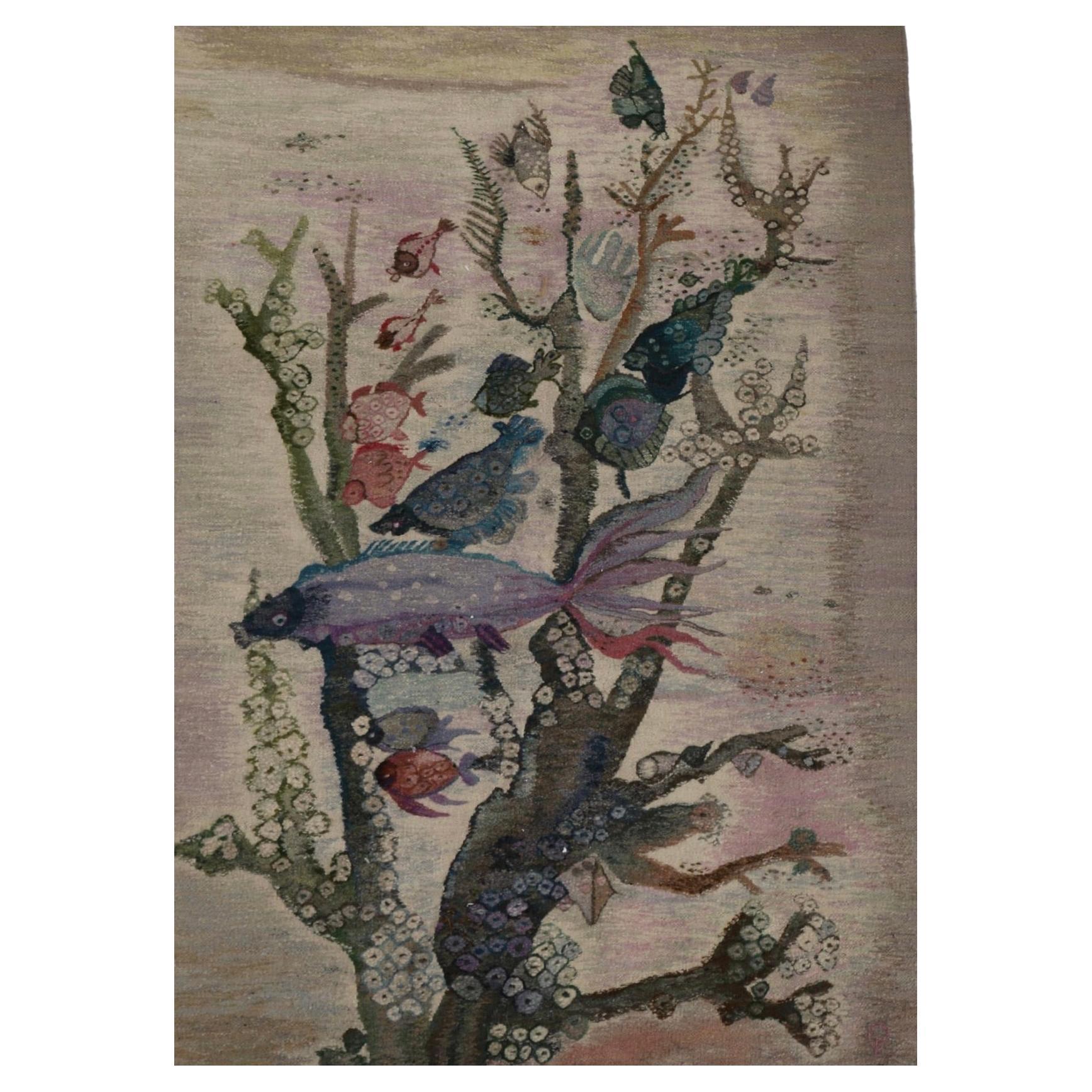 E Olesky Tapestry Wall Hanging of Seaweed and Fish circa 1950 For Sale