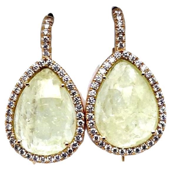 E-P-HALO - 18K Yellow Pear Shape Prehnite Earrings Drops with Diamonds