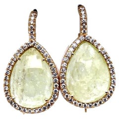 E-P-HALO - 18K Yellow Pear Shape Prehnite Earrings Drops with Diamonds