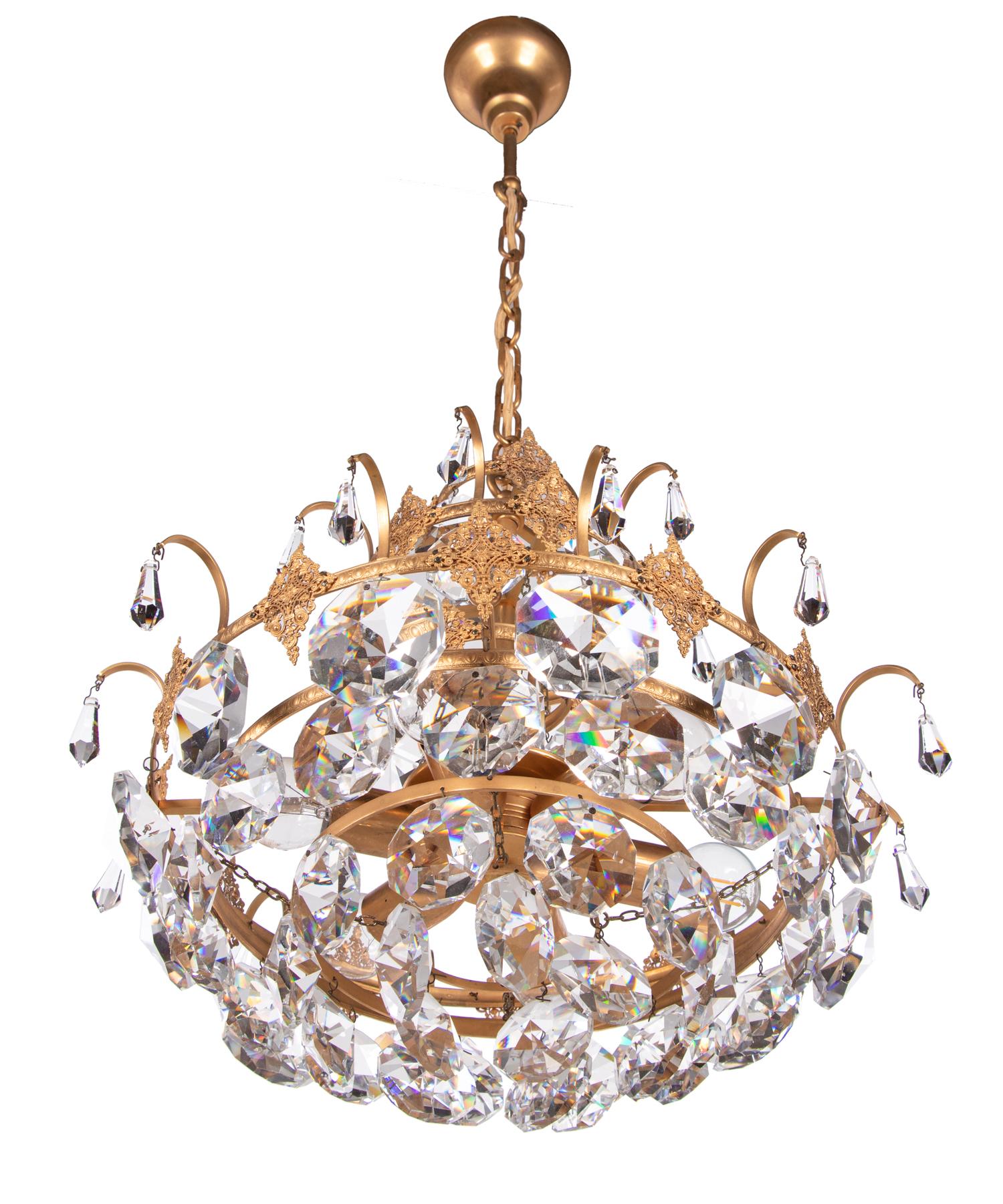Gold Plate Ernst Palme Glamorous Jewel Swarovski Crystal & Gilt-Brass Chandelier, 1960s For Sale