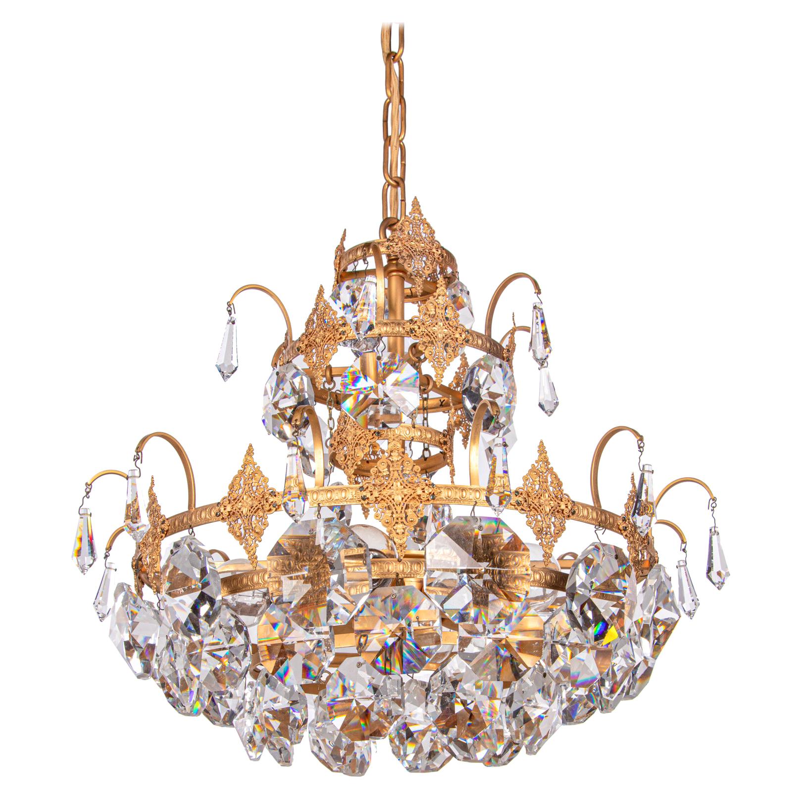 Ernst Palme Glamorous Jewel Swarovski Crystal & Gilt-Brass Chandelier, 1960s