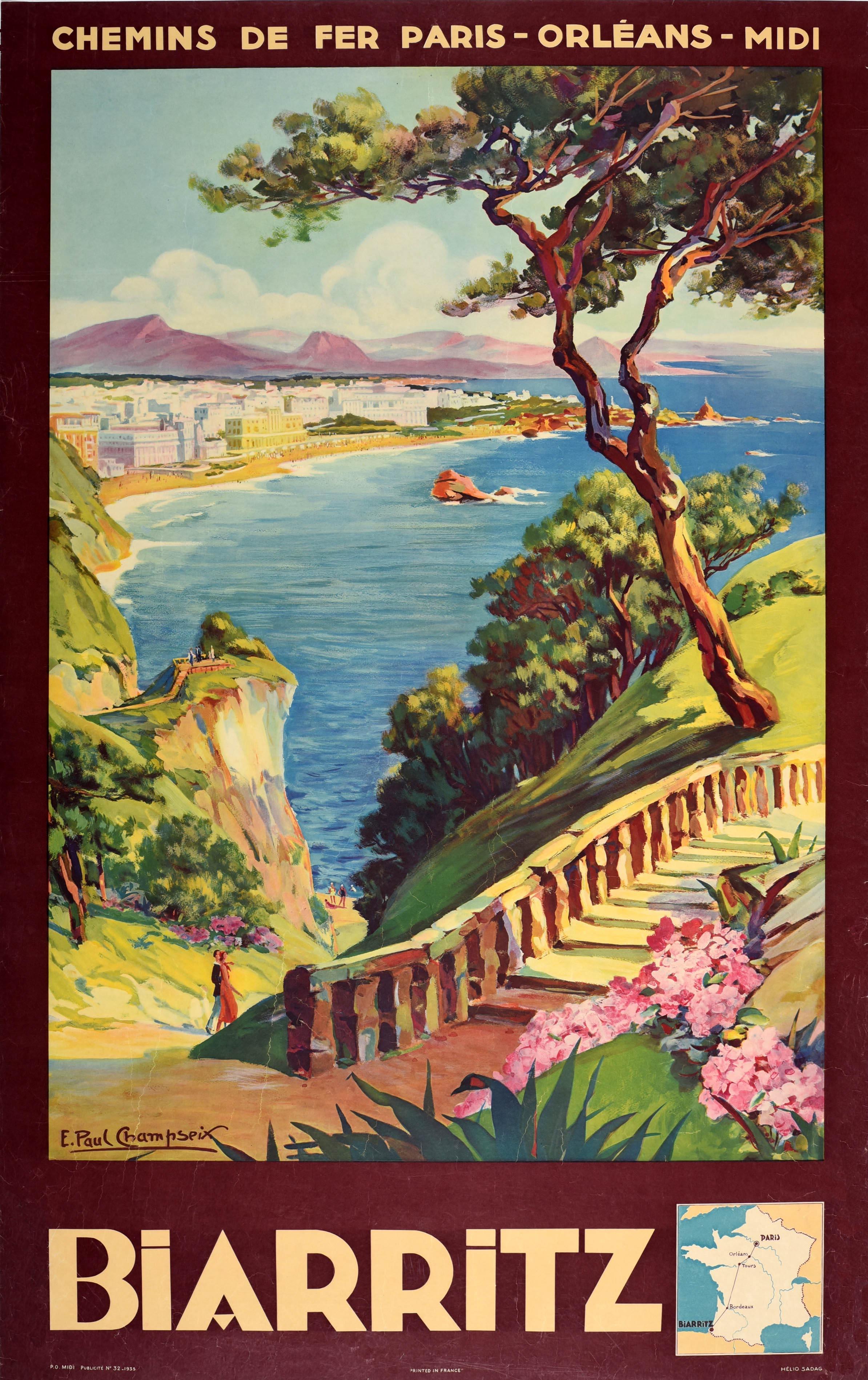 Print E. Paul Champseix - Affiche vintage d'origine Biarritz, côte Basque, France Chemins De Fer, Voyage Art