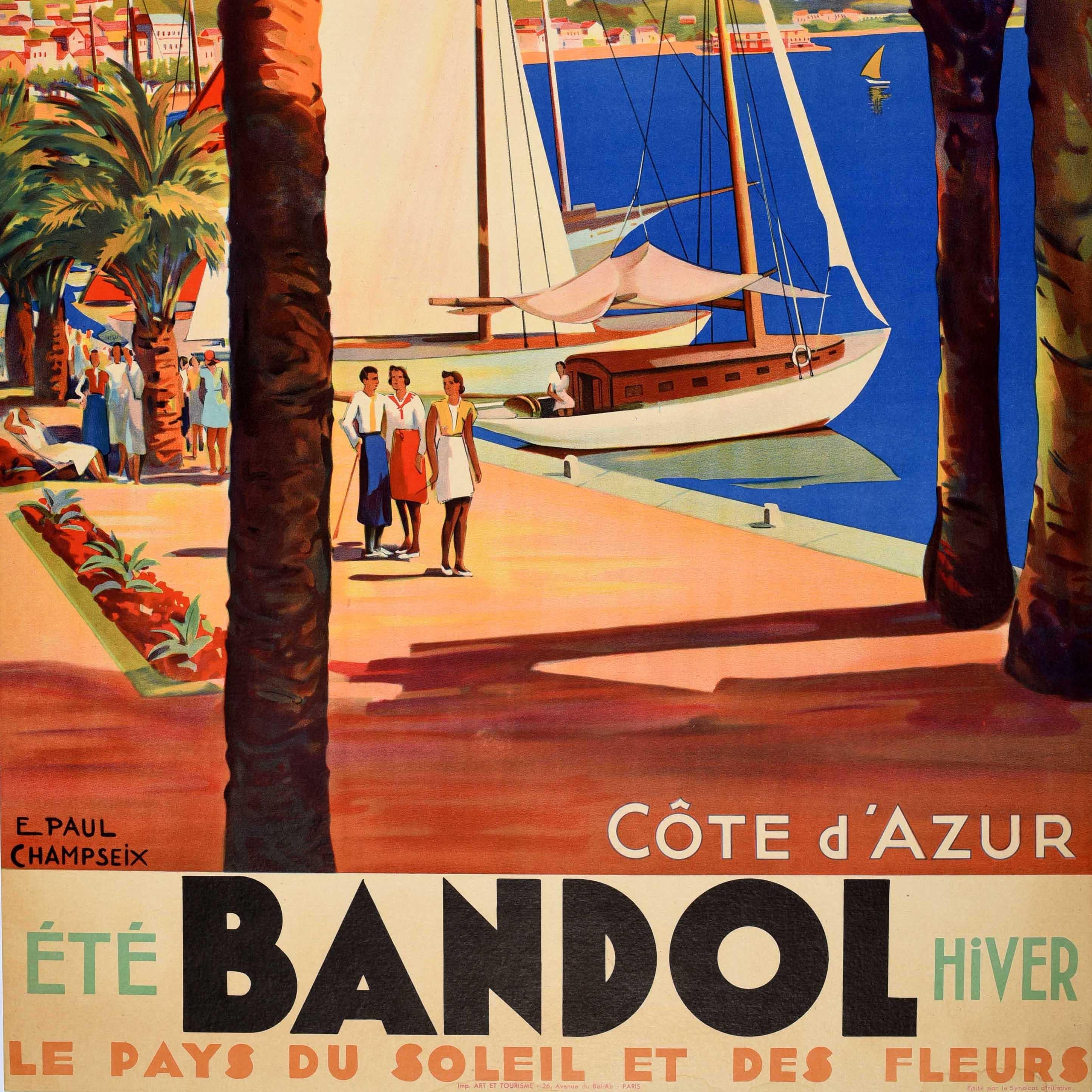 Original Vintage Travel Poster Bandol Cote d'Azur French Riviera Art Deco Design - Brown Print by E. Paul Champseix